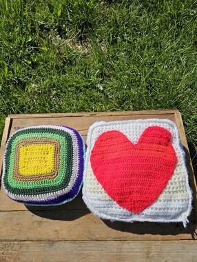 Vintage 70s Style Hand Crochet Square Boho Mandala Accent Throw Pillows Set of 2